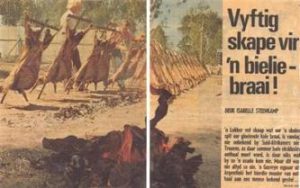 Vintage newspaper clipping headlined 'Vyftig skape vir 'n bielie-braai' documenting a historic large-scale spitbraai event with fifty sheep